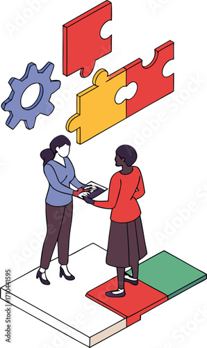 Diverse team collaborates on business solution with puzzle pieces and gears, achieving synergy