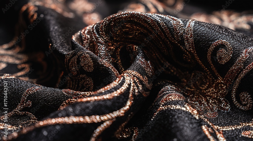 Obraz premium Luxurious black fabric with gold floral embroidery, elegant abstract texture. Opulence and sophistication in intricate design.