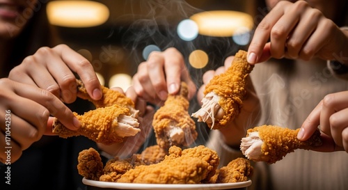 A group of people enjoying a bucket of hot, crispy fried chicken drumsticks.