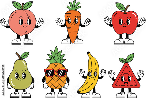 Cute fruit and vegetable characters, cartoon food mascots, smiling healthy produce icons, vector illustration