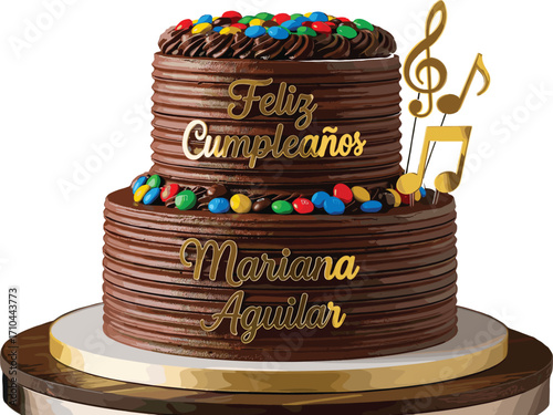 Chocolate birthday cake, musical theme, personalized design, candy decoration, golden text, Feliz Cumpleaños, celebration dessert, cake for Mariana Aguilar