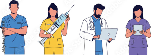 Doctors and nurses team, medical professionals in scrubs with syringe laptop and clipboard, healthcare staff, vector illustration