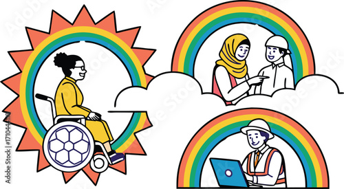 Diverse individuals embracing opportunities and success under bright skies and rainbows