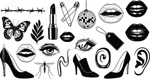 Fashion and pop art elements with lips, eyes, shoes, lipstick, butterfly, disco ball, and safety pins, vector illustration