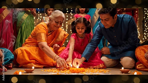 Family members dressed in traditional attire gathering for diwali, lighting oil lamps on colorful rangoli decorated with flower petals, celebrating cultural heritage and togetherness