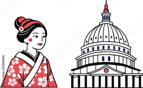 Elegant geisha and iconic Capitol building symbolize cultural exchange and global connection