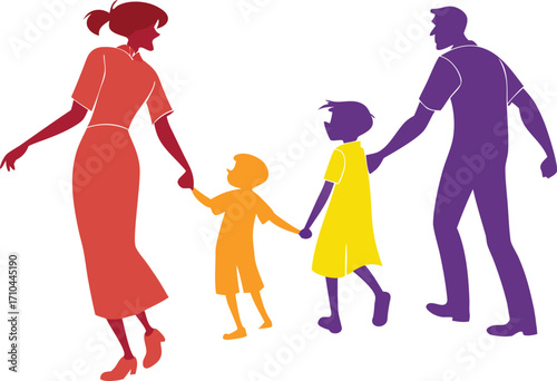 Joyful family of four walking together, holding hands, embracing love and togetherness