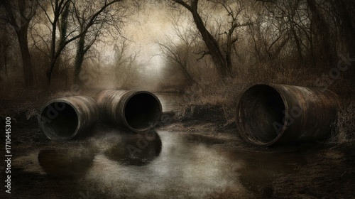 Industrial Pipes in a Misty, Eerie Landscape with Bare Trees and Reflections