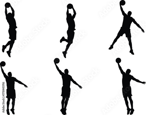 PrintBasketball player silhouette jumping and dunking, sports vector illustration, athletic man with ball in motion, basketball action poses