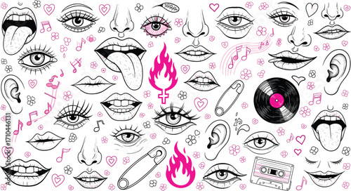 Hand drawn doodle pattern, eyes lips noses music retro punk symbols, vector illustration