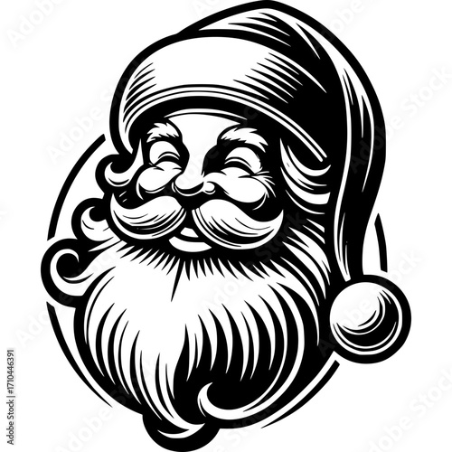 Santa Claus Vector Illustration: A cheerful Santa Claus, rendered in a black and white vector illustration, evokes the spirit of Christmas with his jovial expression, full beard, and iconic hat. 