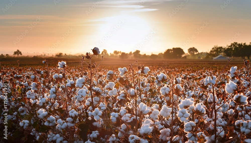 Fototapeta premium Sunlit Cotton Plants In A Vast Field At Sunset