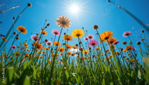 Dramatic, low-angle photography of wildflowers pushing through the grass, framed against a bright blue sky. The composition makes them look tall, proud, and triumphant.
