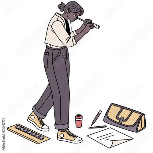 A woman with a bun is looking through a spyglass while standing next to a pencil case, a ruler, a pen, a piece of paper, and a cup