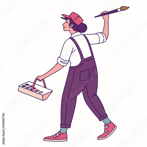 A female artist in overalls carrying a paint palette and brush, this charming illustration captures the essence of creativity and artistic expression