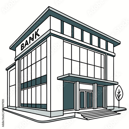 Illustration of a bank building, featuring a modern architectural design with large windows and a clear sign for financial services