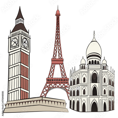 Illustration of famous landmarks including big ben, the eiffel tower, and the taj mahal vector art of world travel destinations