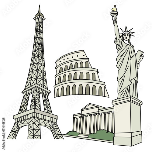 Illustration of famous landmarks including the eiffel tower, the colosseum, and the statue of liberty vector art of world travel destinations