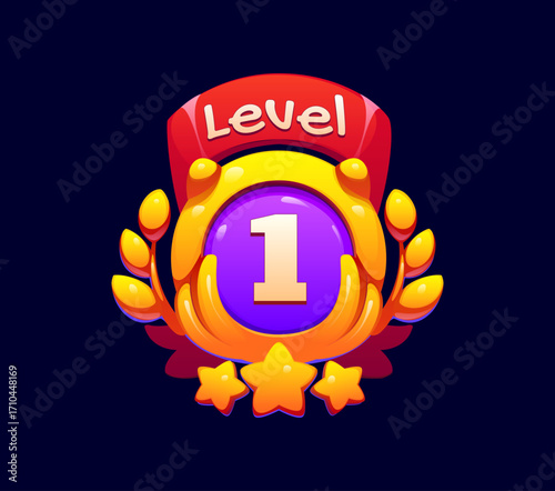 Game level up rank badge icon, victory shield asset adorned with laurel leaves, gold stars, purple screen and red banner. Cartoon vector trophy, winner reward symbolizing achievement and progression
