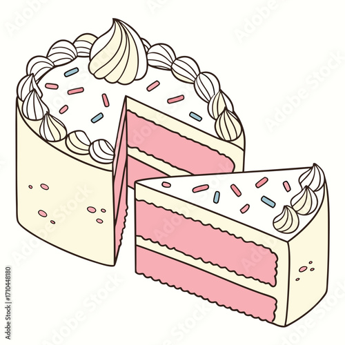 A delicious cartoon style illustration of a vanilla cake with pink layers and white frosting decorated with swirls of cream and colorful sprinkles with a slice cut out and a piece served separately