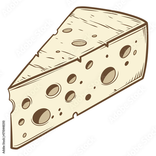 A stylized hand drawn illustration of a wedge of swiss cheese with visible holes and a textured surface isolated on a white background