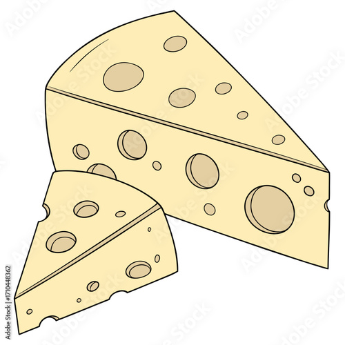Two wedges of swiss cheese with characteristic holes presented in a clean simple illustration style on a white background for versatile use in food related designs