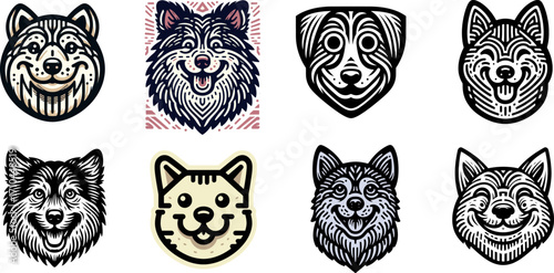 Dog head logo collection for pet shop and veterinary branding.