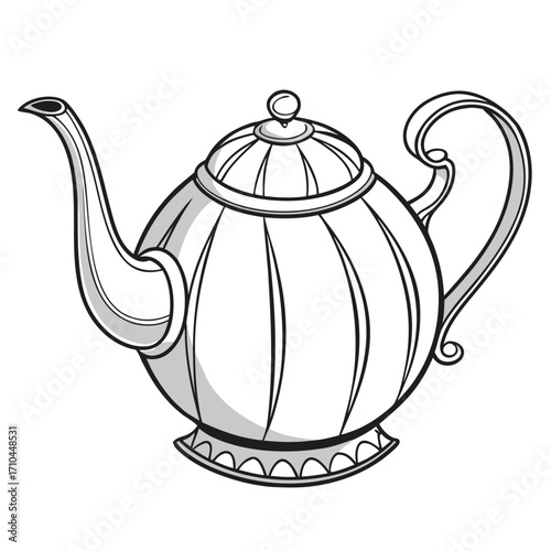 Elegant black and white line art illustration of a vintage teapot with a curved handle and a decorative base perfect for tea time or kitchen decor