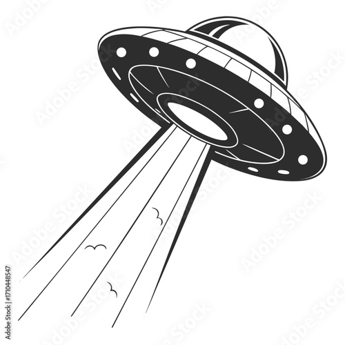 Hand drawn ufo flying with beam of light, a cosmic journey with alien spaceship, a celestial adventure
