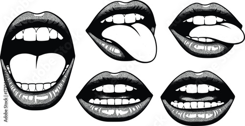 Pop art lips and mouth expressions with tongue out teeth smile retro tattoo style, vector illustration