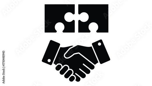 Puzzle pieces fitting together above a handshake, symbolizing teamwork and partnership isolated on white background