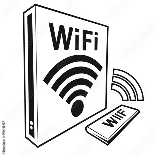 Illustration of a wifi router and adapter, symbolizing wireless internet connectivity and network access, perfect for technology and communication themes