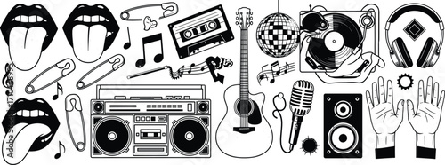 Retro music doodle set, cassette boombox vinyl guitar headphones microphone sketch, vector illustration