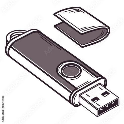 A simple clean line art illustration of a usb flash drive with its cap detached and placed above it symbolizing data storage and transfer