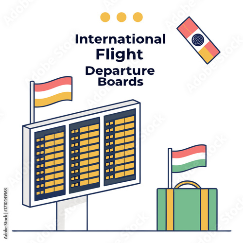 International flight departure boards with flags and luggage representing travel and global destinations