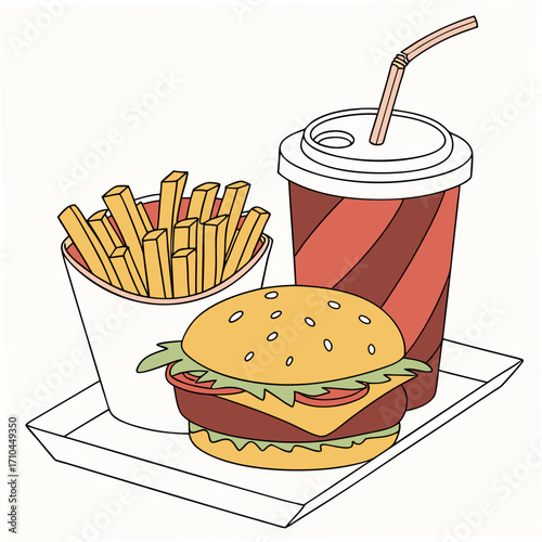 A delightful illustration showcases a classic fastfood meal, featuring a juicy burger, crispy fries, and a refreshing soda, all neatly arranged on a tray