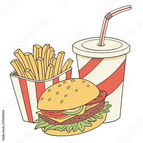 A vibrant illustration captures the essence of a classic fastfood meal, featuring a juicy burger, crispy fries, and a refreshing soda with a straw