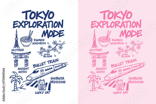 Creative Tokyo exploration mode graphic with famous landmarks, bullet train and tower icons for stylish apparel.