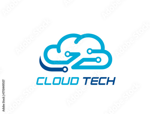 Cloud technology icon with circuit lines and nodes, symbolizing digital connectivity. Vector blue futuristic emblem representing cloud computing, innovation in cloud service or artificial intelligence