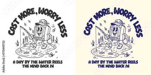 Vintage fishing design with angler, rod, and sea elements, expressing outdoor adventure and lifestyle passion.