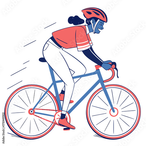 A woman with dark hair is riding a bicycle with a helmet she is wearing a red shirt and white pants and is smiling as she rides her bike