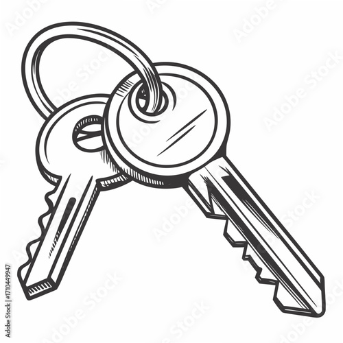 A vintage black and white sketch of two metal keys attached to a keyring isolated on a white background symbolizing access and security