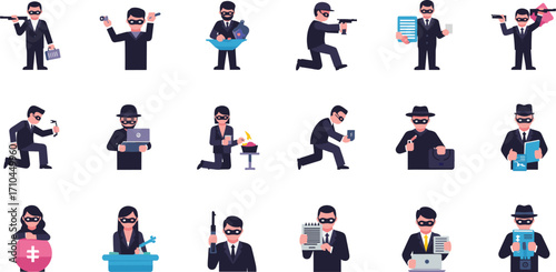 Thief hacker cyber criminal fraudster set, robbery scam phishing and money theft activities, vector illustration