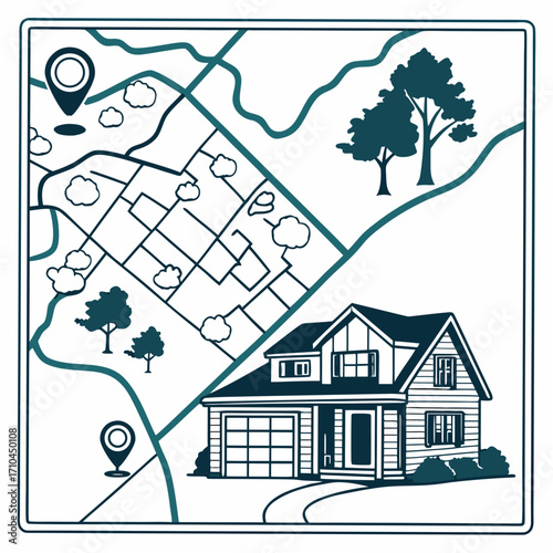 Illustration of a suburban house with a garage and driveway situated on a stylized map with roads trees clouds and location pins