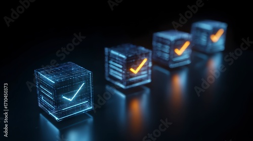 Abstract futuristic cubes with glowing check marks on dark digital background representing productivity, task management, workflow efficiency, business organization, strategy planning and achievement 