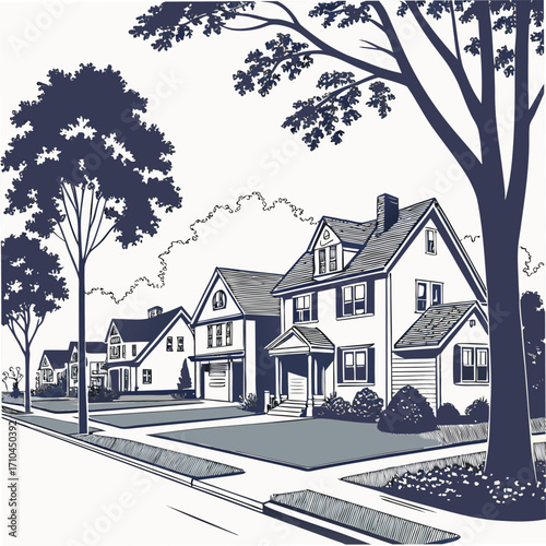 Charming suburban street scene with a row of traditional american houses mature trees and manicured lawns under a clear sky rendered in a classic graphic style