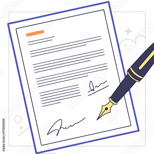 A fountain pen signing a document with signatures and lines of text representing agreement and official approval
