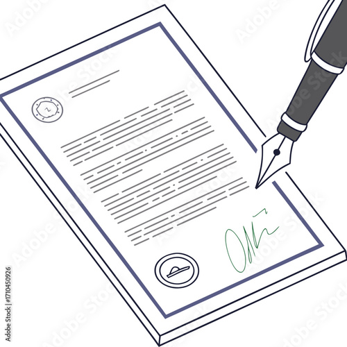 A fountain pen signing a legal document with official seals and text representing agreement and authorization