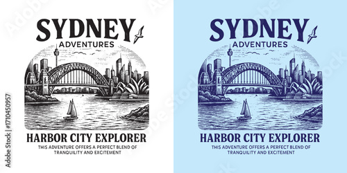 Sydney Harbor city design with iconic bridge and sailboats, perfect for travel-inspired urban fashion graphics.