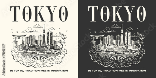 Tokyo skyline design on floating island concept, artistic surreal illustration for trendy modern apparel.